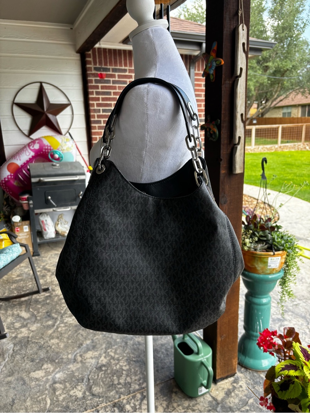 Michael Kors Black MK Monogram Large Hobo Shoulder Bag Silver Hardware